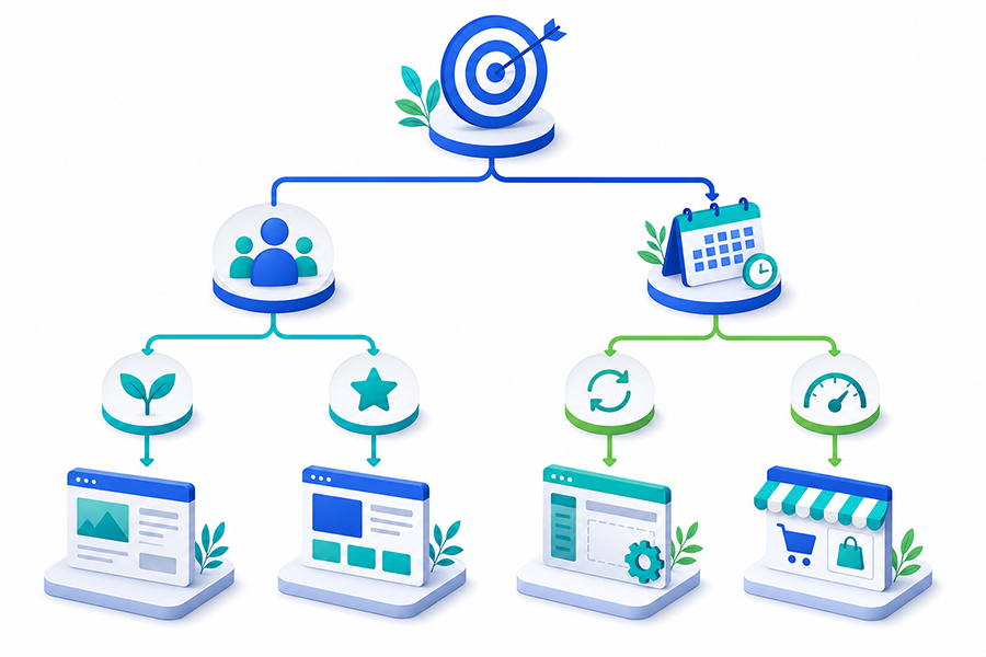 Critérios para escolher um plano de site Árvore de decisão conectando objetivo e frequência de atualização a diferentes tipos de site