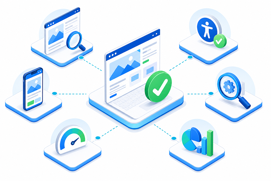 Connected checks for content, mobile, performance, accessibility, SEO and analytics