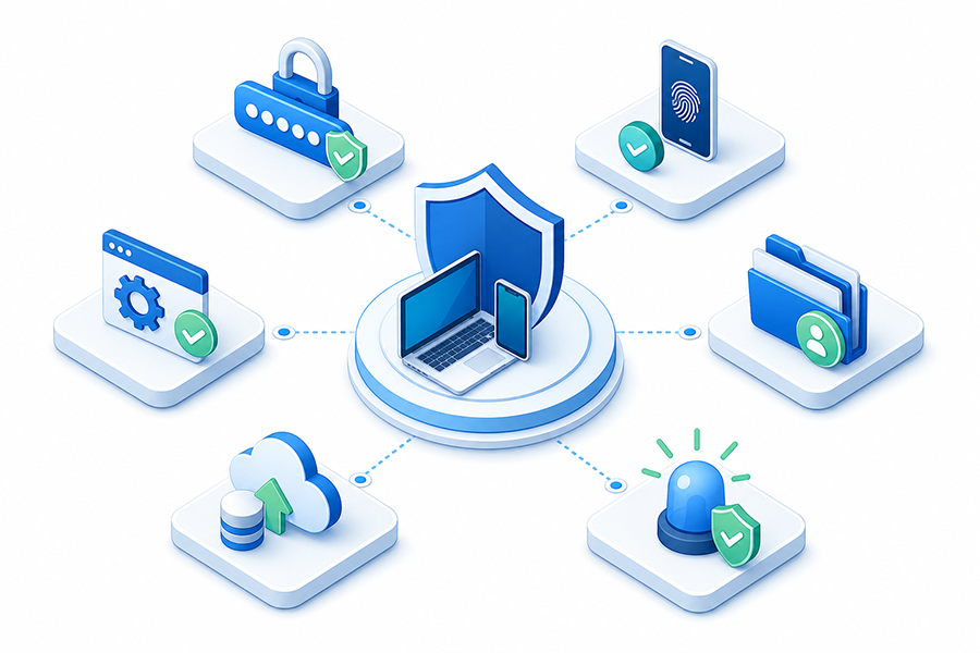 Password, authentication, update, permission, backup and incident response controls
