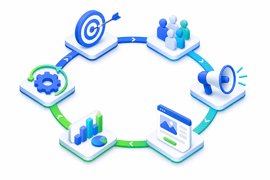 Advertising circuit connecting goal, audience, message, landing page, measurement and optimization
