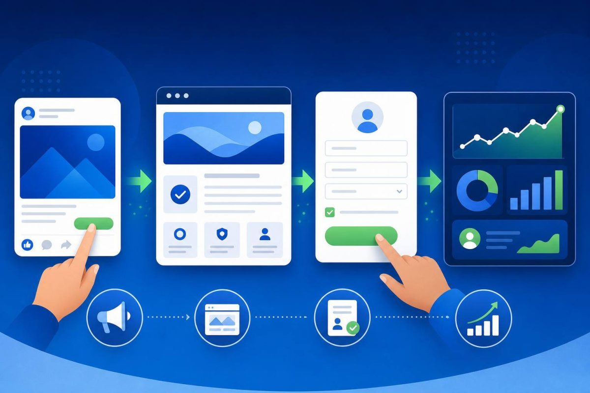 Digital campaign conversion journey Visual flow connecting an advertisement, landing page, form, and measurement