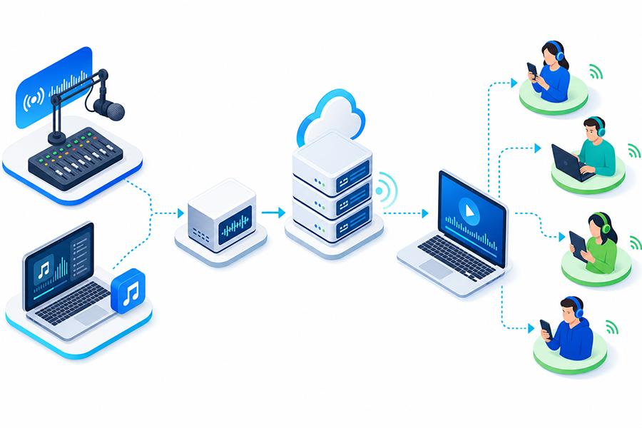 The technical journey of an online radio station Flow from live audio or AutoDJ through encoder, server, player and listeners