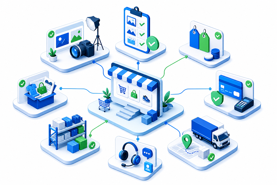Catalog, photography, pricing, payment, inventory, delivery and support connected to an online store