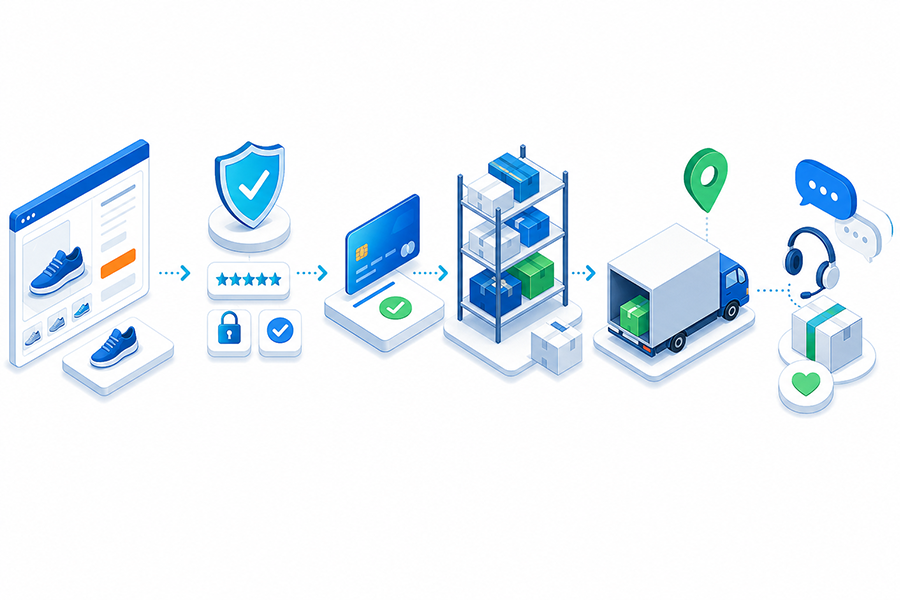 Purchase journey from product page through delivery and support