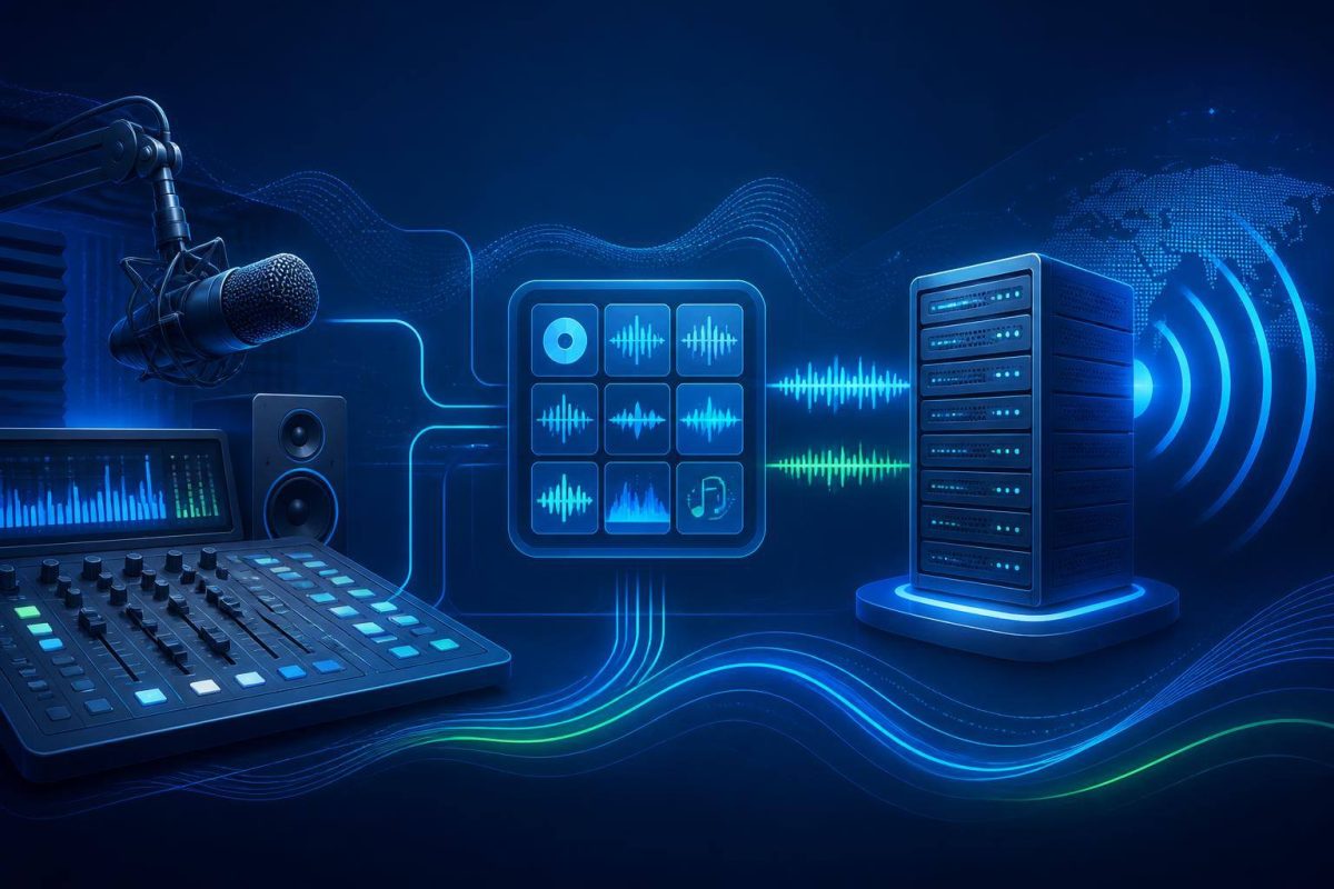 Diagrama visual de programação ao vivo e automatizada para rádio online