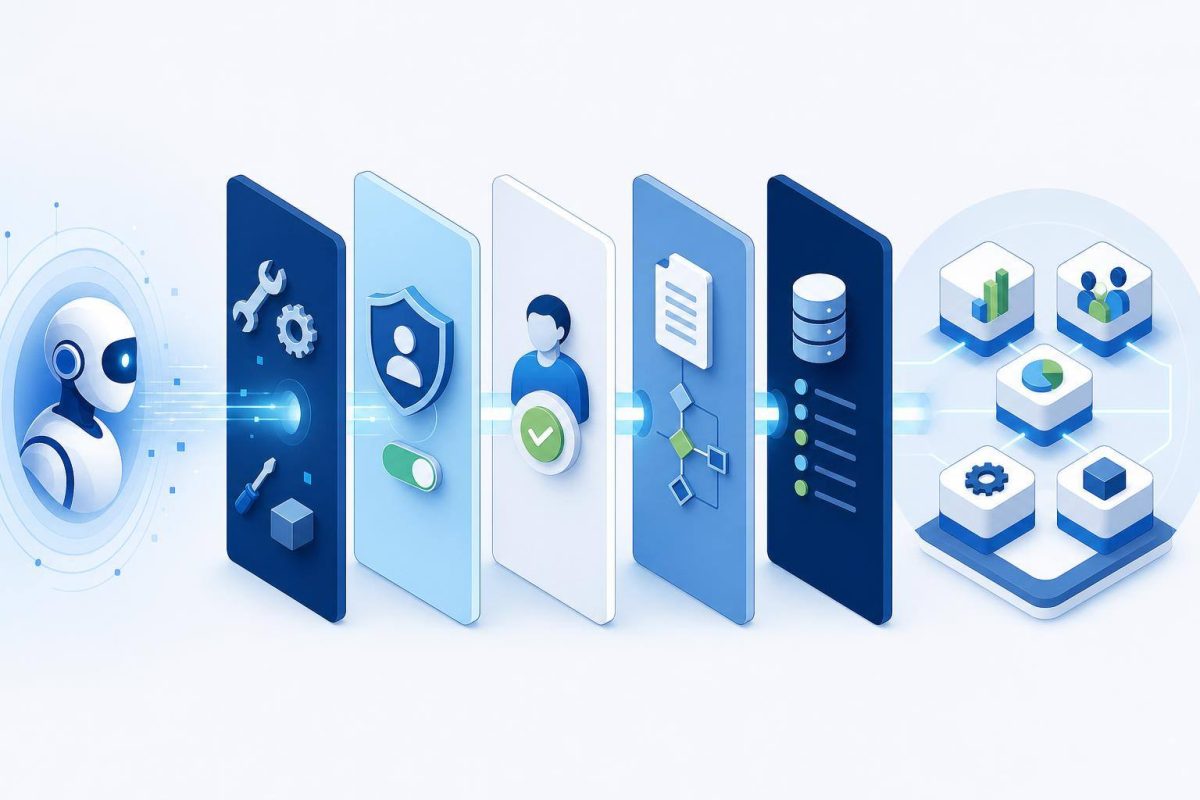 Camadas de controle para integrar agentes ao software empresarial Diagrama conceitual de permissões, ferramentas, aprovações e registros entre um agente e um sistema empresarial