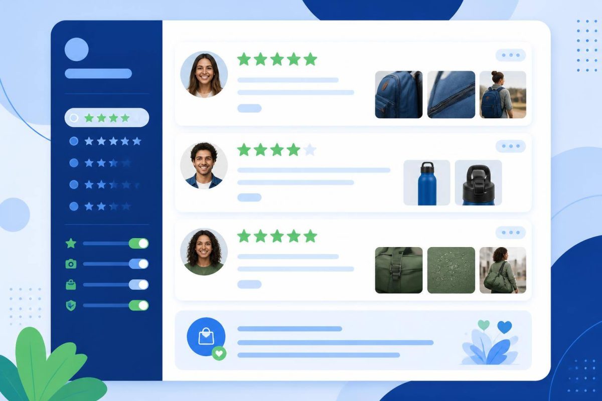 Sistema transparente de avaliações de produtos Painel de avaliações com fotos de clientes e resposta da loja