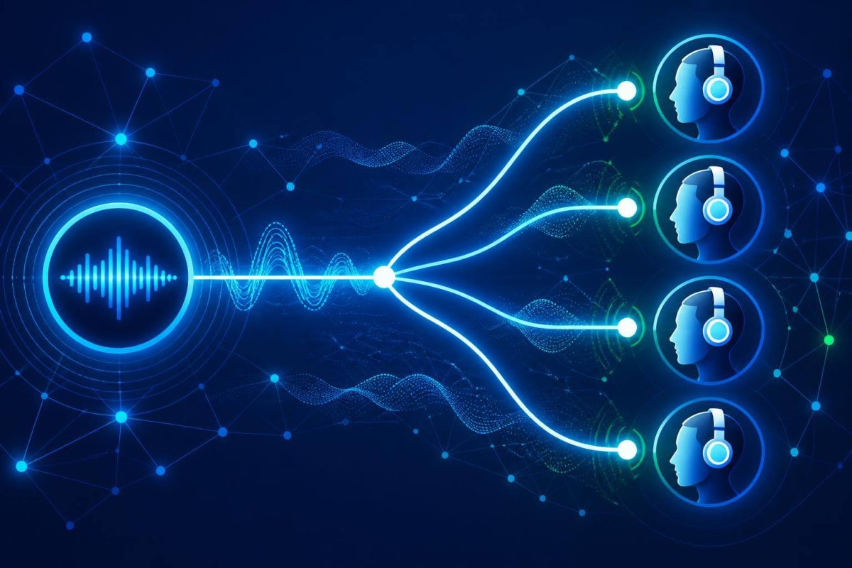 Como calcular a capacidade de streaming Diagrama conceitual de bitrate, ouvintes simultâneos e transferência de rádio online