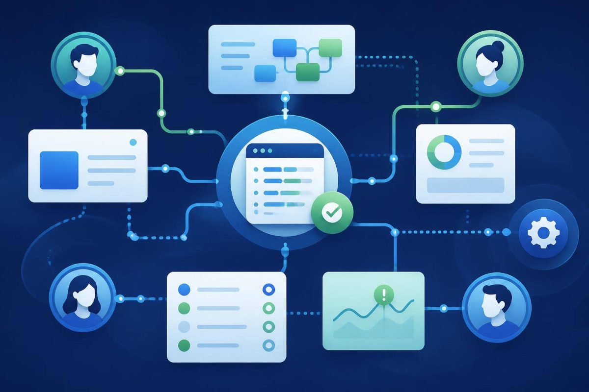 Diagrama abstrato de responsabilidades e etapas de manutenção de um sistema online