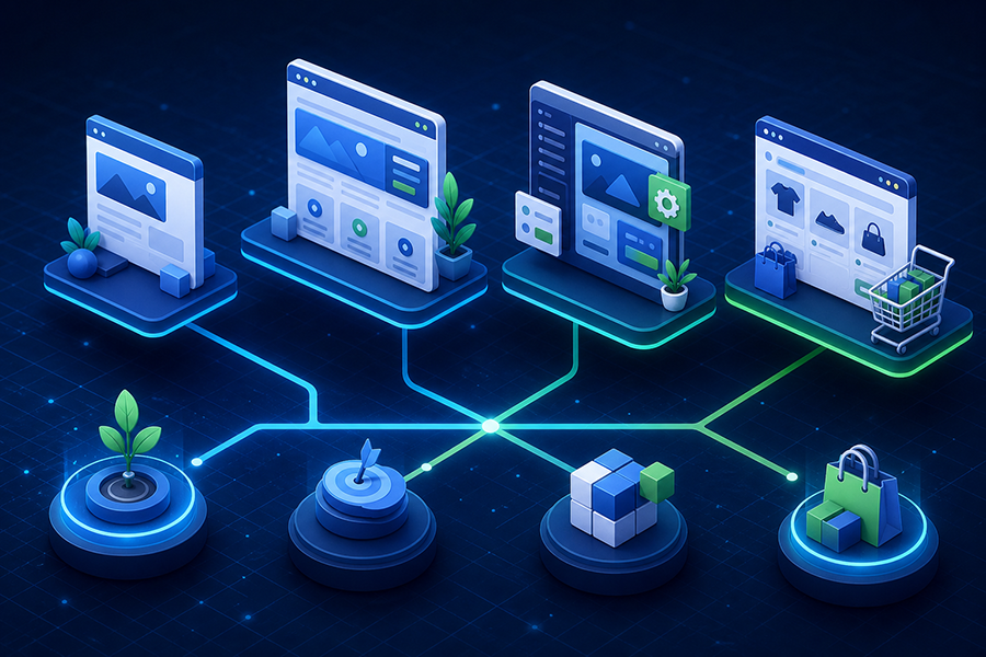 Quatro soluções de site conectadas a objetivos e necessidades diferentes