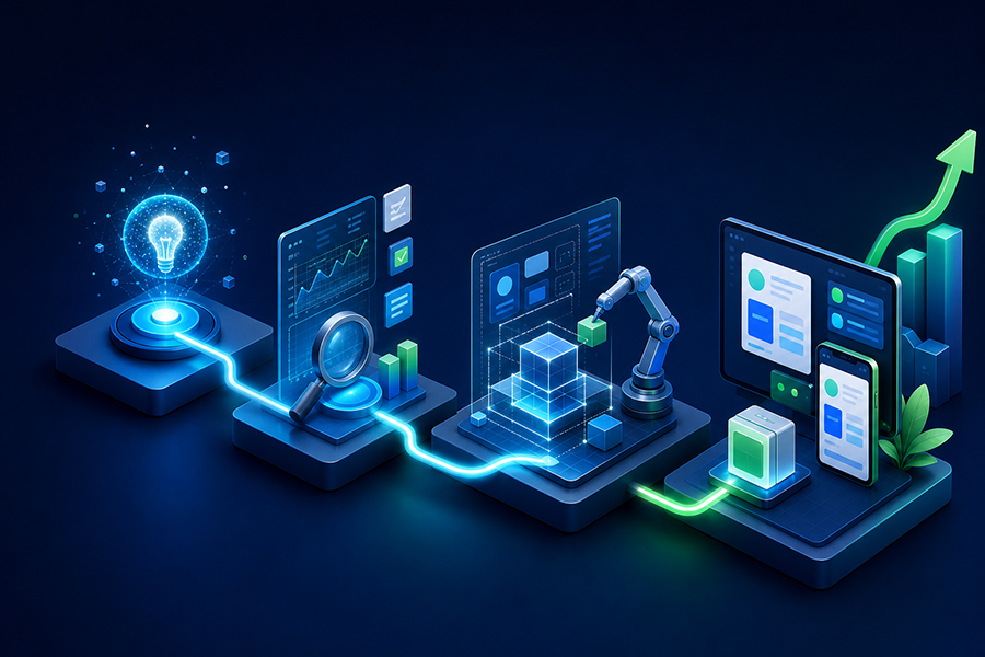 Percurso de uma ideia digital até uma solução validada e preparada para crescer