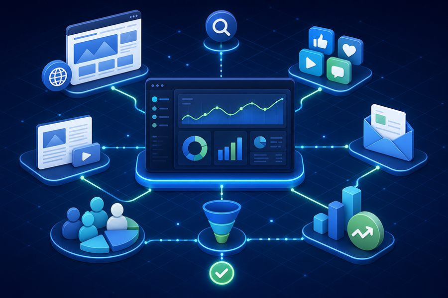 Sistema de marketing digital conectando análise, conteúdos, públicos e canais