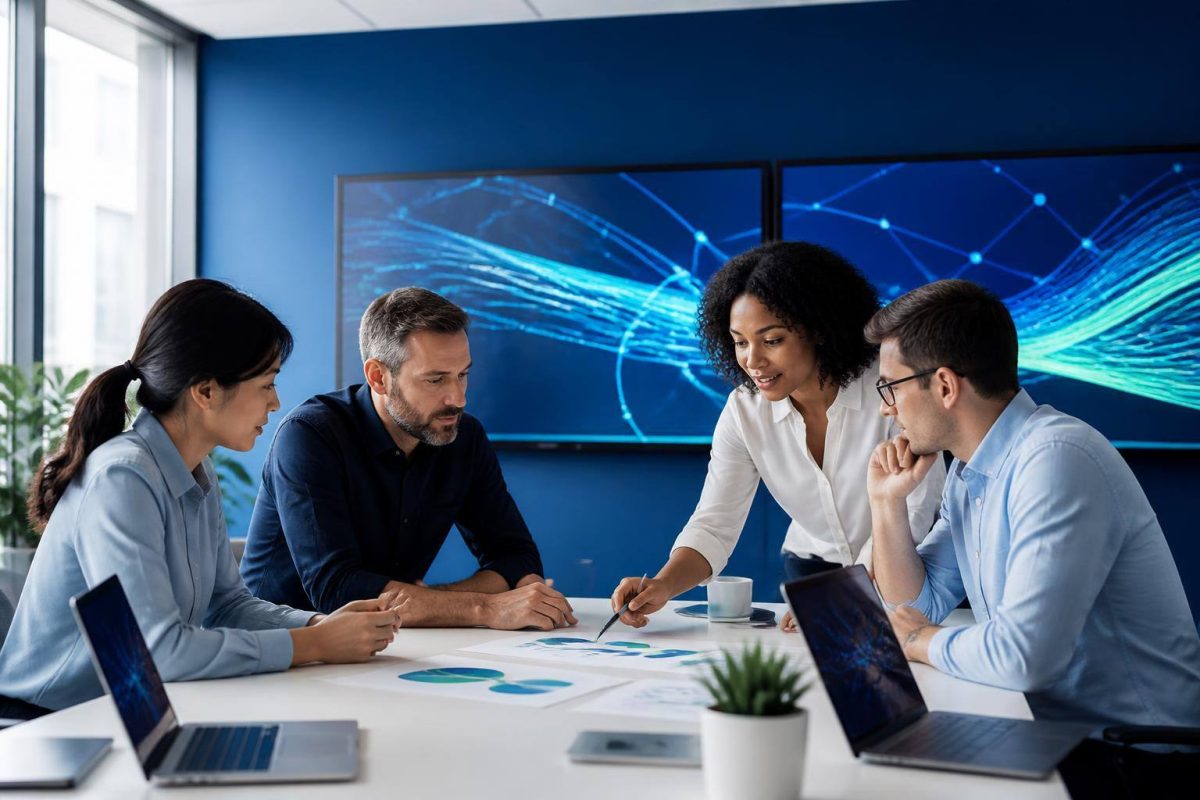 Marketing team reviewing an AI-powered search strategy