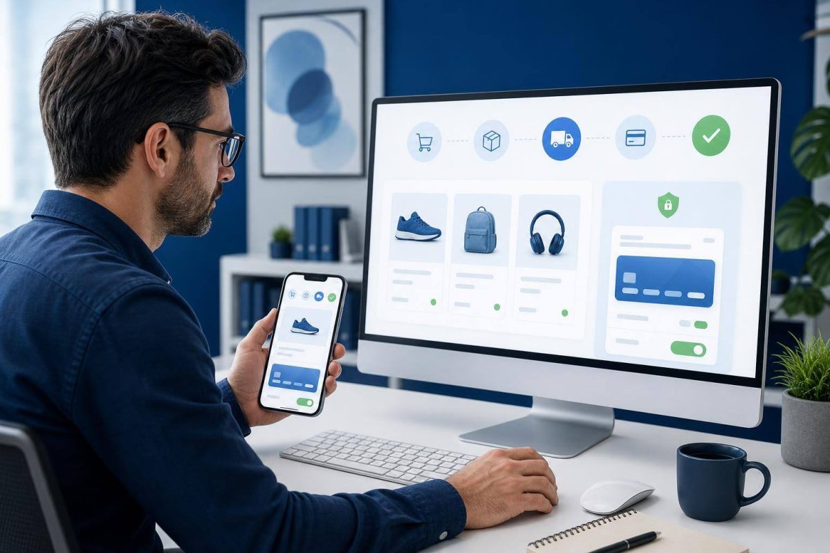 Persona revisando en una computadora el proceso de compra de una tienda online