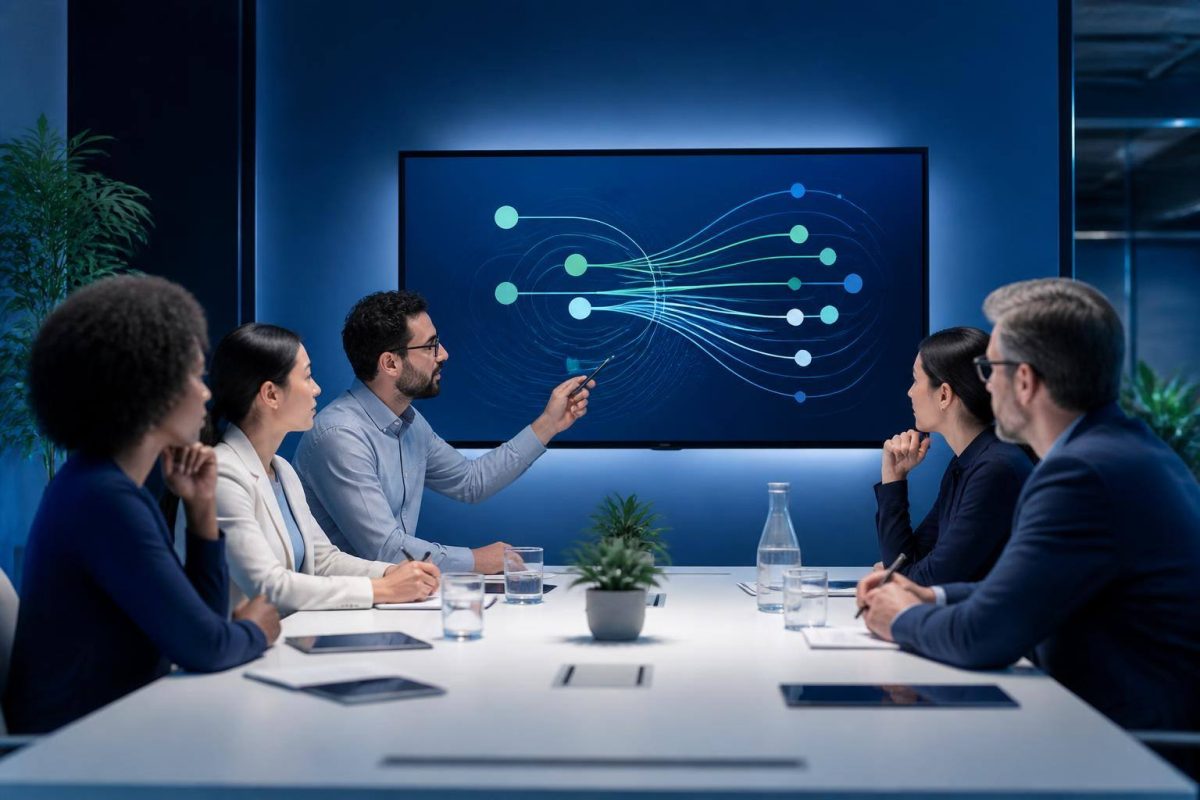 Team reviewing a visual map of roles and permissions in a digital platform