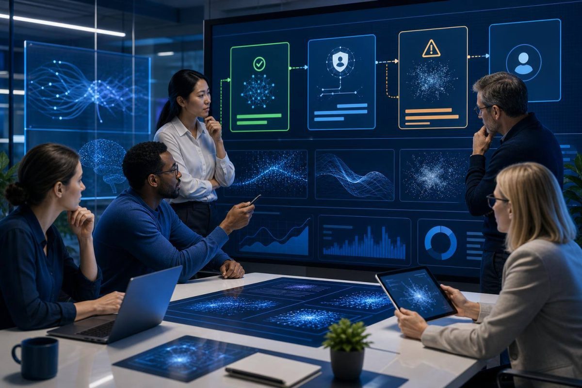 Team evaluating an artificial intelligence solution before launch