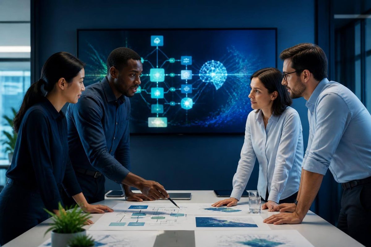 Team reviewing a workflow and an artificial intelligence solution on a screen