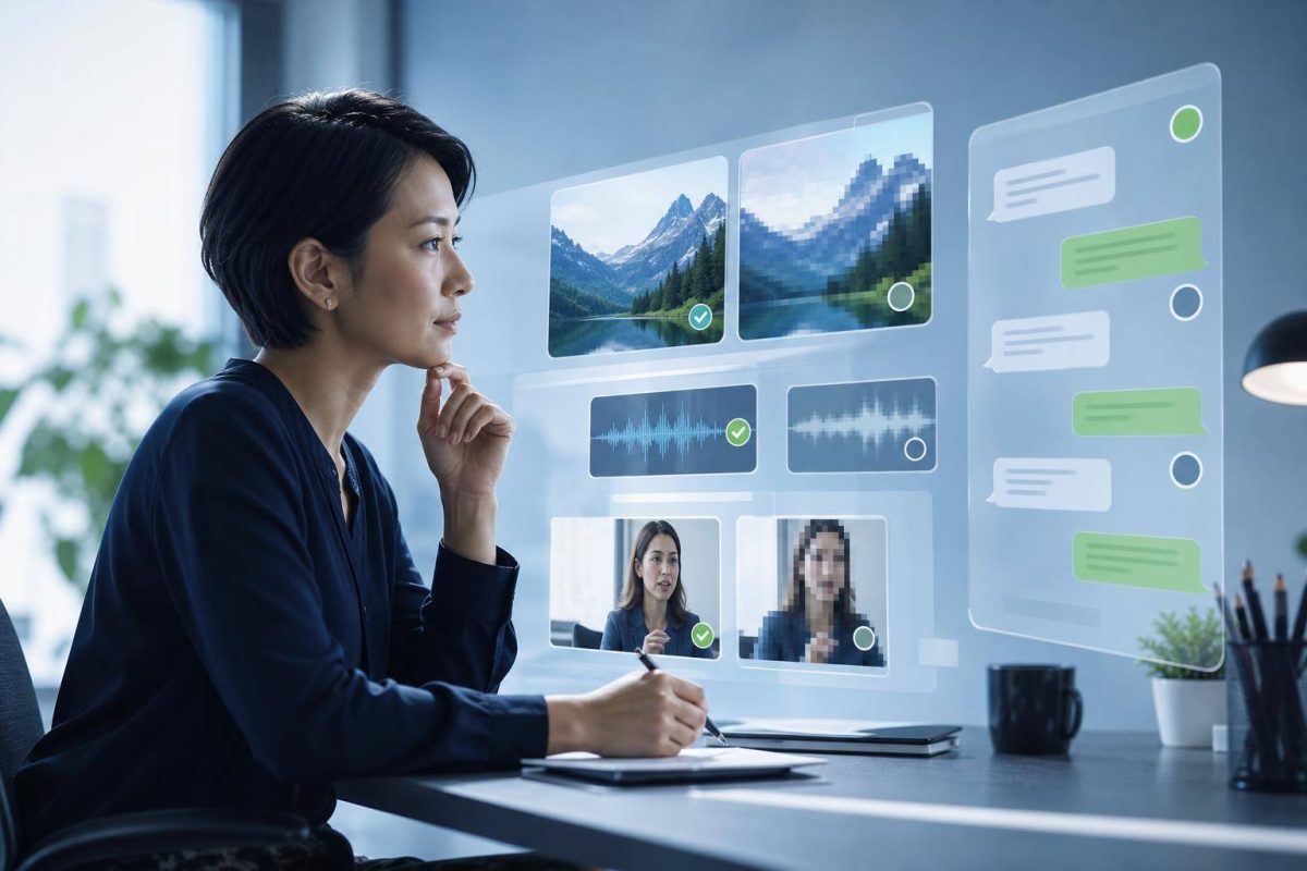 Pessoa avaliando conteúdo humano e sintético em uma interface digital