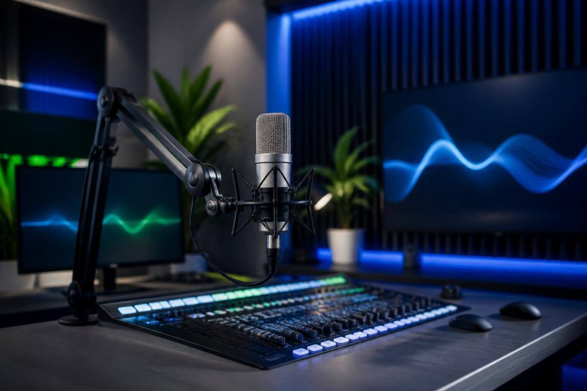 Estúdio de rádio online com microfone, mesa de som e ondas de áudio abstratas