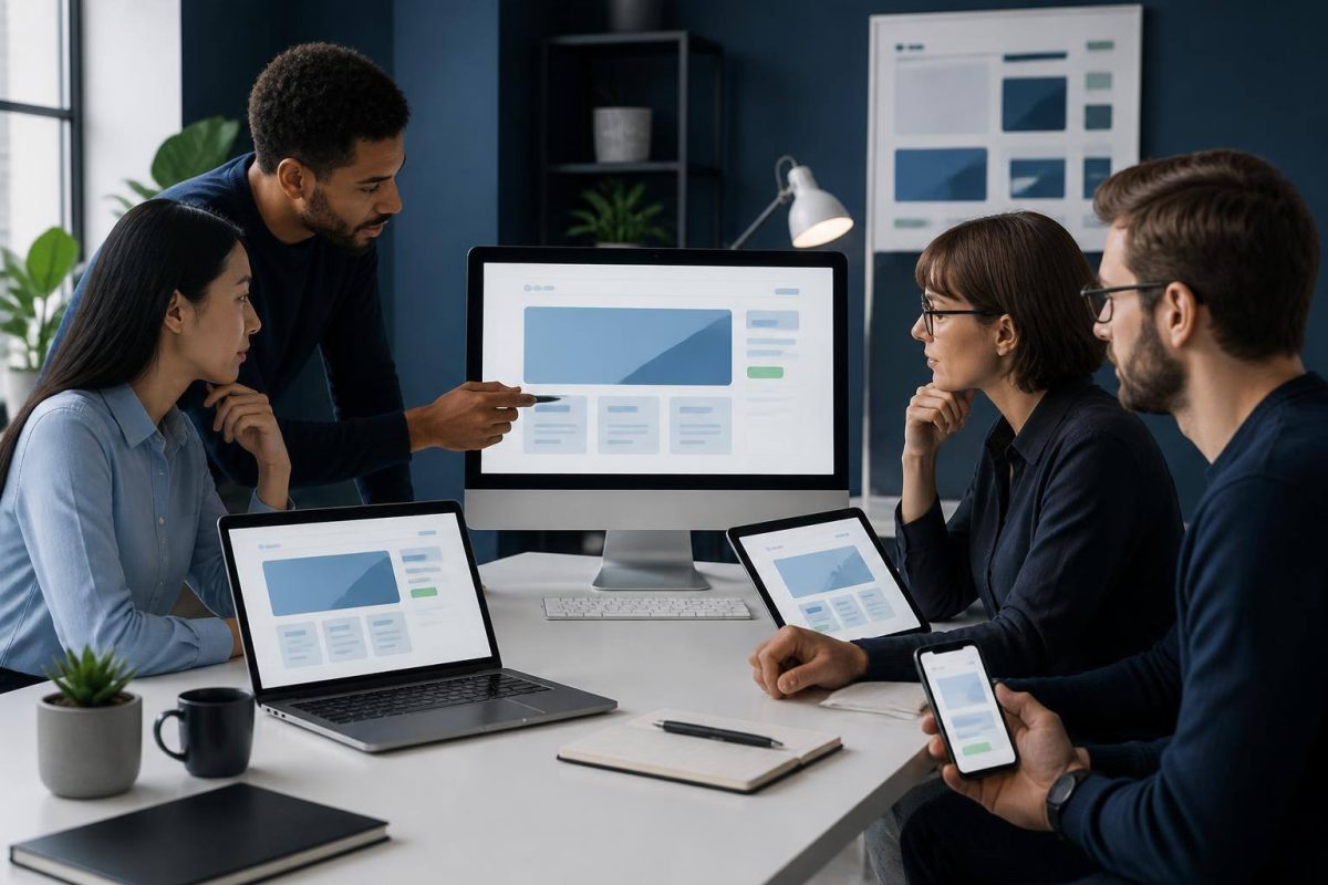 Equipe de desenvolvimento verificando a compatibilidade de um site em diferentes dispositivos