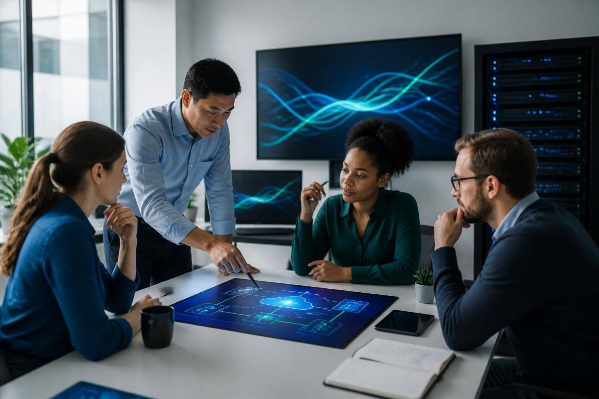Work team reviewing a backup and recovery plan on screens