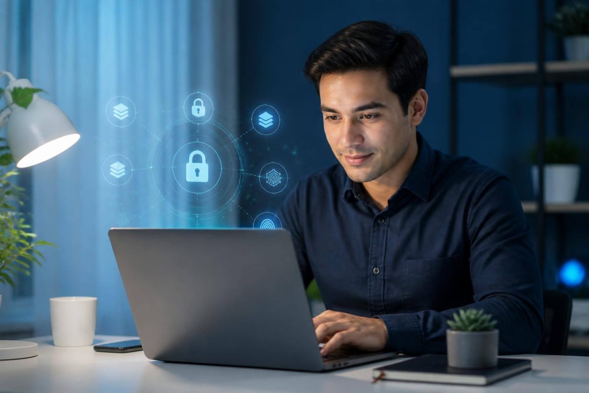 Person securely organizing online accounts on a laptop