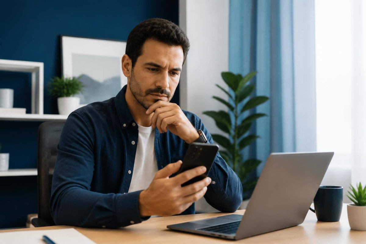 Pessoa analisando com calma uma mensagem suspeita no celular ao lado de um notebook