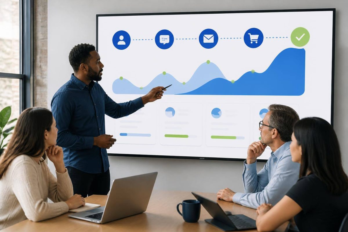 Equipe analisando em uma tela o caminho das consultas digitais até as vendas