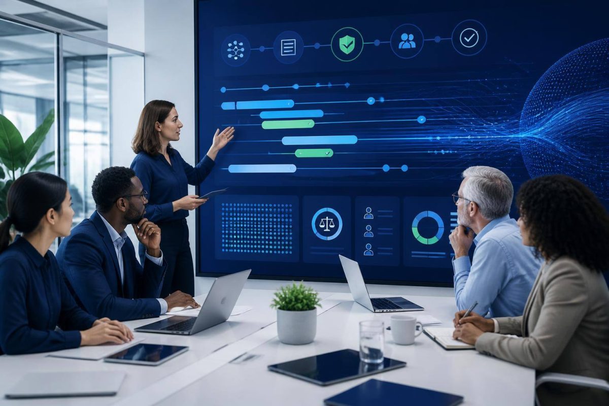 Equipe analisando um painel de governança de inteligência artificial