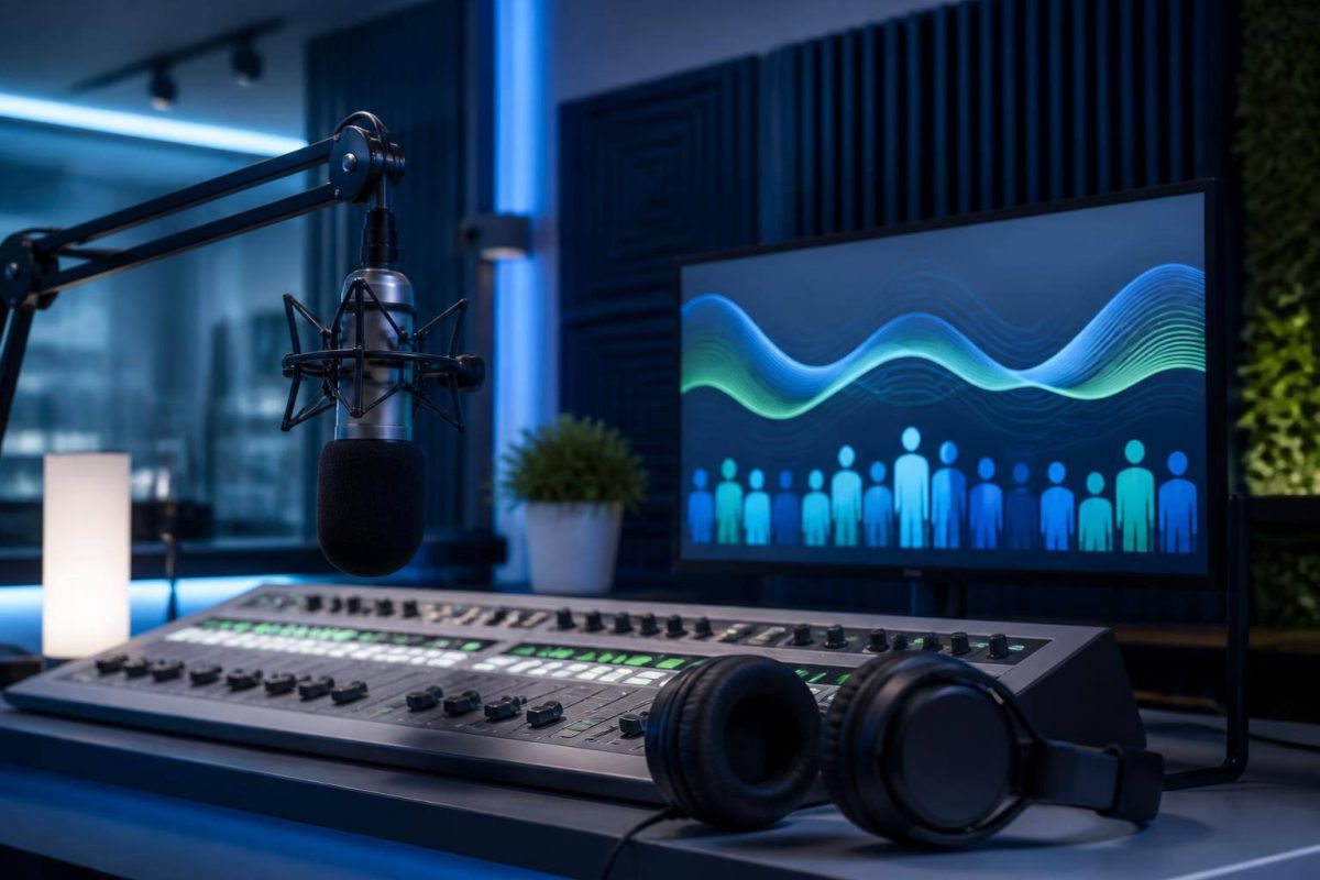 Online radio equipment with an audience metrics panel and audio waves