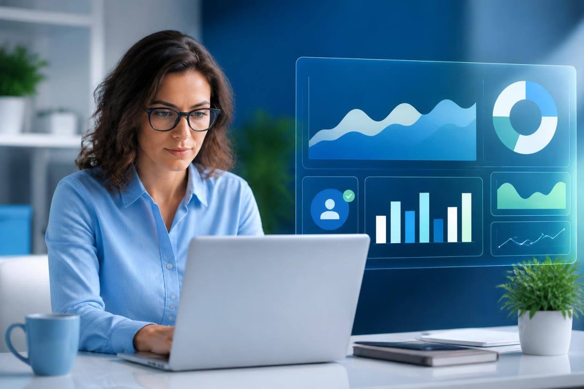 Pessoa analisa o desempenho de um site e o percurso de potenciais clientes em uma tela