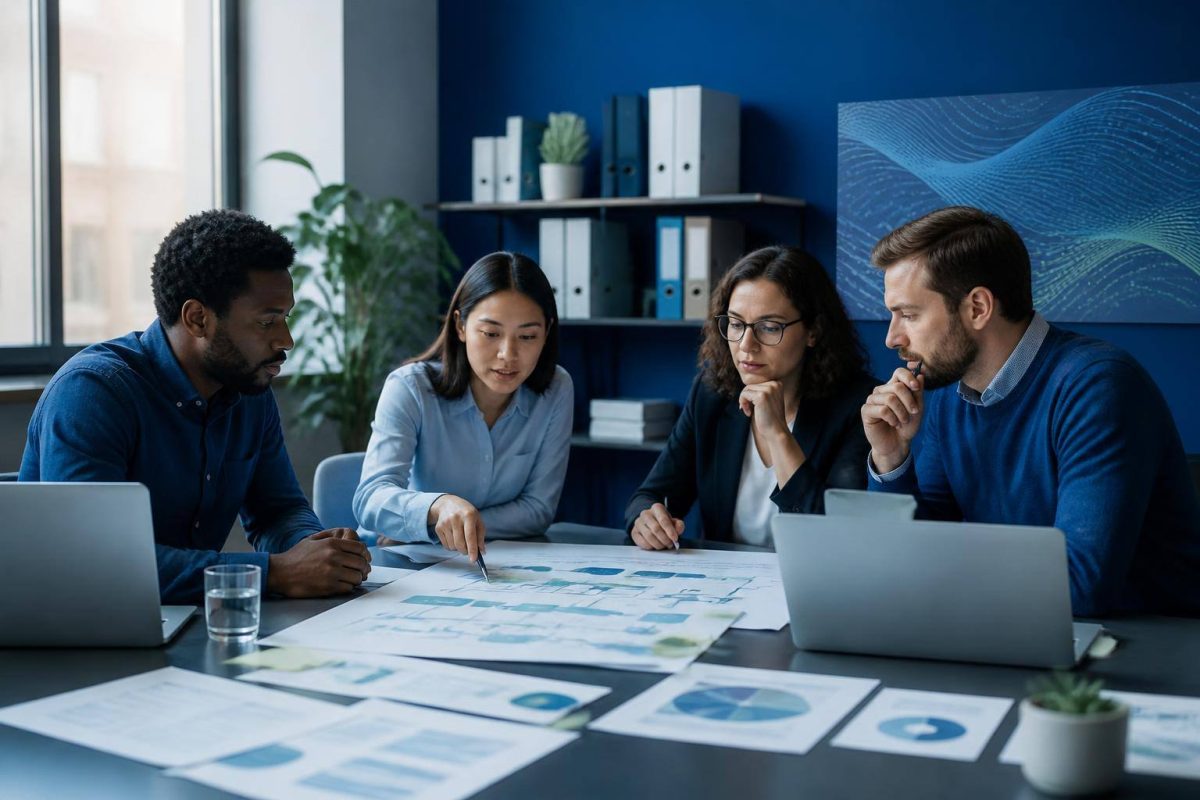 Equipe de trabalho revisa documentação e fluxos de inteligência artificial em um escritório moderno