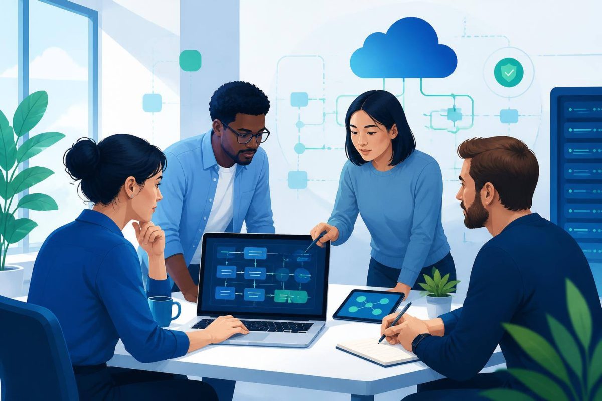 Equipe organizando a manutenção de um sistema online ao lado de uma tela com diagramas abstratos