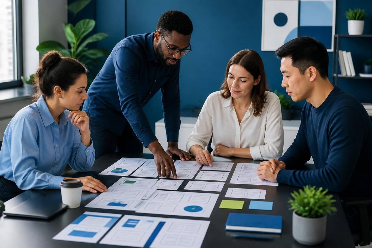 Equipe organizando a estrutura e o conteúdo de um site em um quadro de planejamento