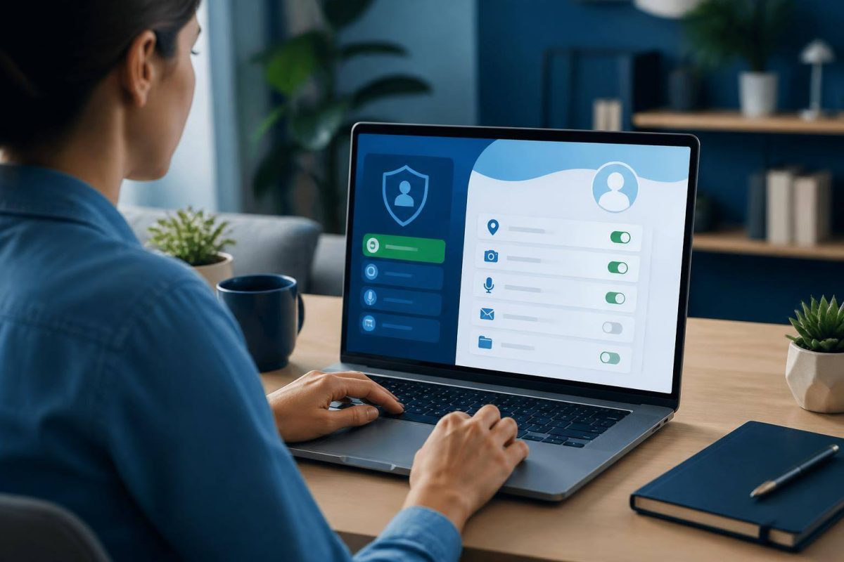 Person reviewing permissions and data shared with digital services on a computer