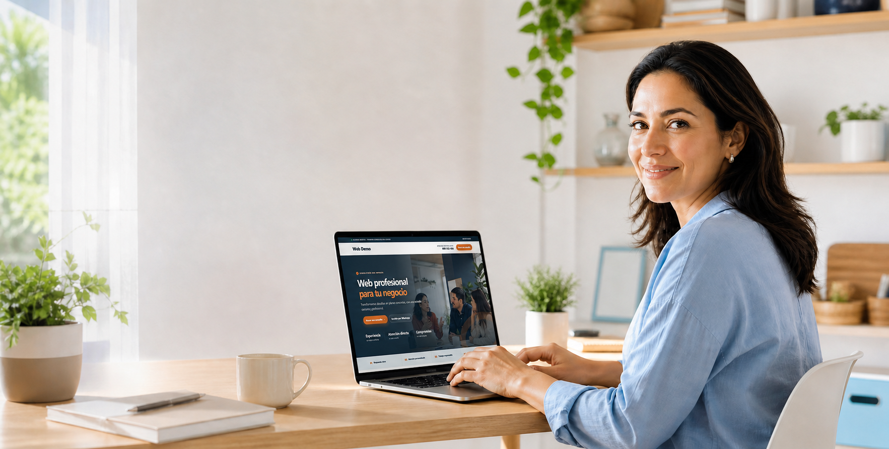 Empreendedora vendo a demonstração real da Miweb em seu notebook